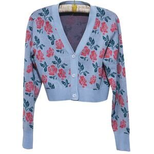Cider Floral Rose Print Cardigan Sweater Small Blue Cottage Feminine Romantic